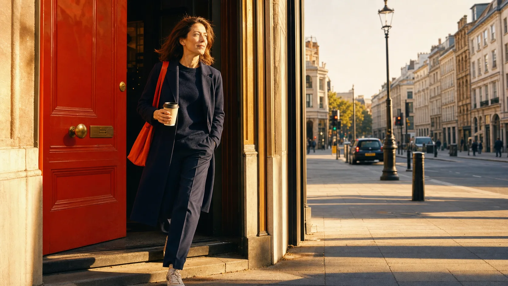 A woman in her forties stepping out of a red doorway onto a sunlit street, coffee in hand, mid-stride.