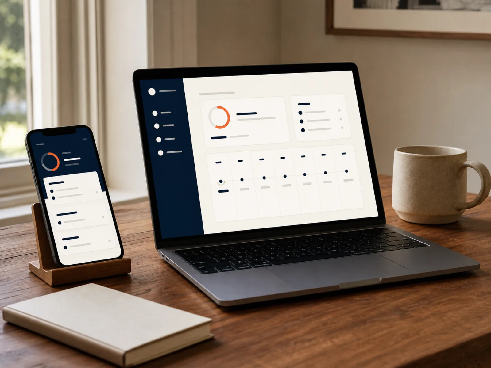 A laptop and phone on a warm wooden desk showing a calm goal-and-habit planning app.