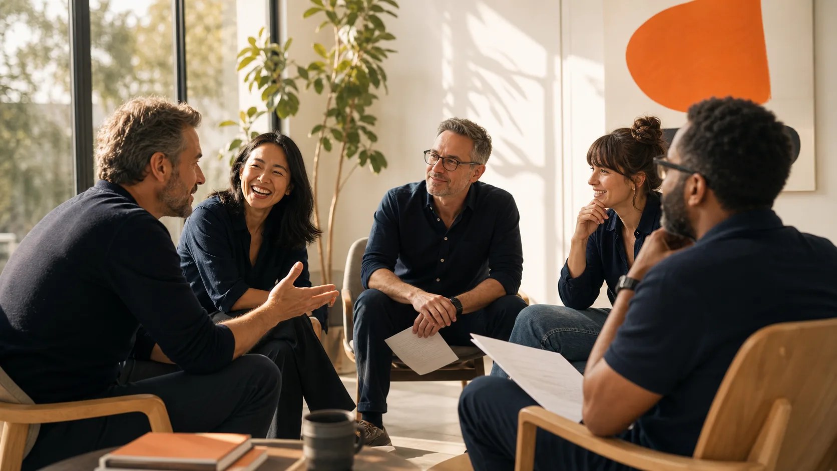 A small cohort session in a sun-filled room: five adults seated in a loose group, mid-conversation.